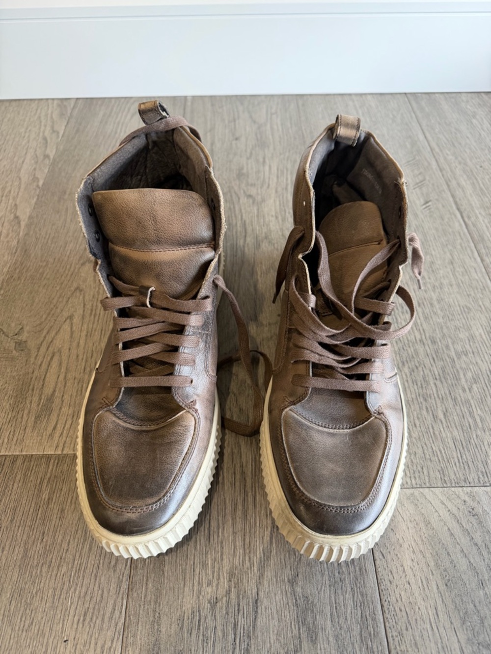 John Varvatos Brown Leather High-Top Sneakers with Cream Platform Sole - Picture 4 of 6